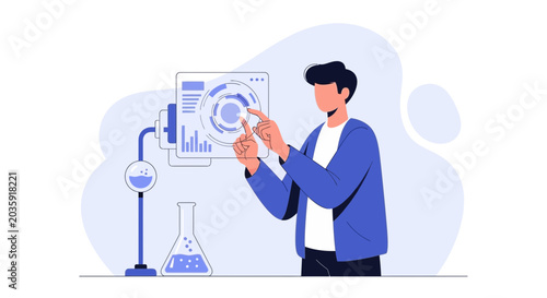 Scientist Interacts with Futuristic Digital Interface, Analyzing Data