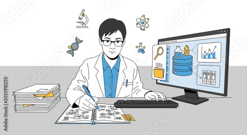 Scientist working at desk with computer, notebook, and stacks of papers