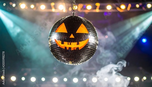 Halloween disco mirror ball with a carved pumpkin face, nightclub atmosphere with smoke and stage lights.
