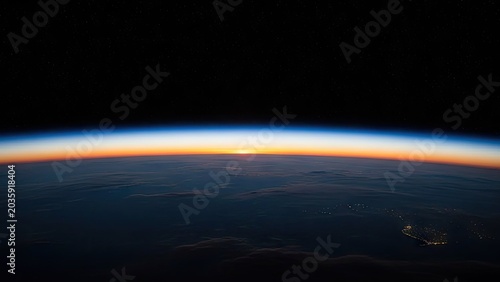 Stunning earth view from space sunrise horizon with atmospheric layers