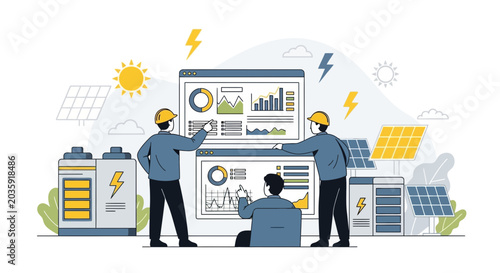 Solar power engineers analyzing data, renewable energy concept