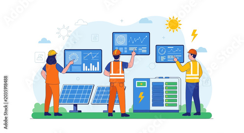 Solar energy team monitoring panel data with charts and graphs