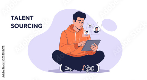 Talent Sourcing: Young man using tablet for recruitment, scouting employees