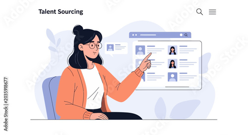 Talent sourcing, recruiting, hiring process, woman selecting candidate illustration
