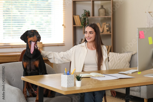 Schilderij op canvas Cute Doberman dog and beautiful young happy woman working at home