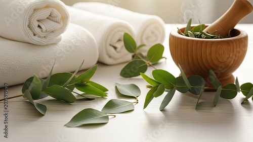 Spa day relaxation scene rolled towels wooden bowl and fresh greenery