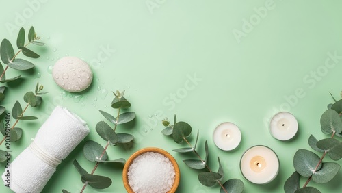 Spa day relaxation scene with eucalyptus candles towel and bath salts