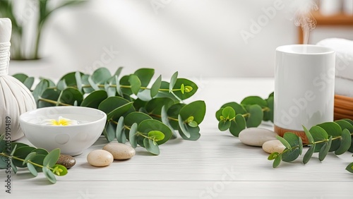 Spa day still life eucalyptus aromatherapy elements on a white tabletop