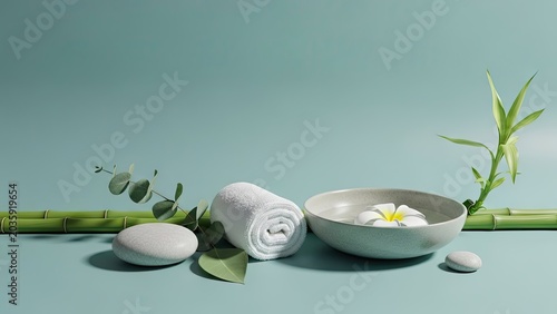 Spa still life towel stones bamboo and water bowl on a teal background
