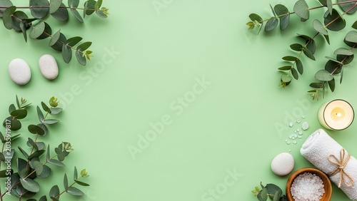 Spa wellness concept eucalyptus towel candle and stones on green background