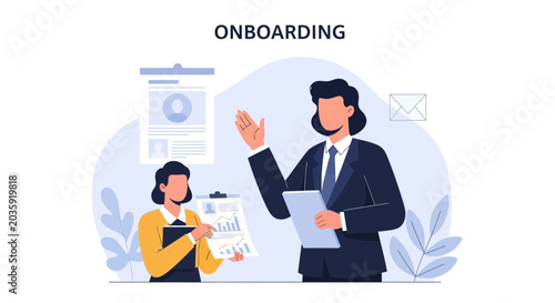 Business onboarding illustration: teamwork, training, new employee integration, career growth