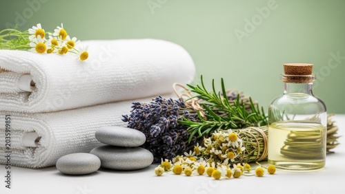 Spa wellness elements with towels stones essential oil and flowers