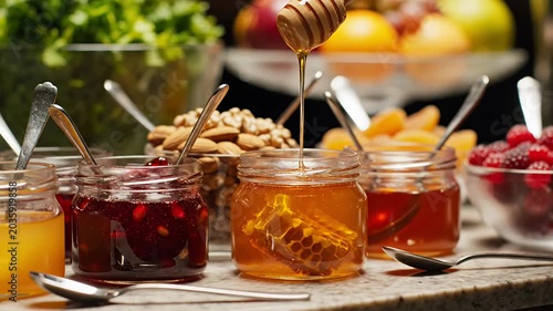Close-up of honey dipper with fresh honey and jams.