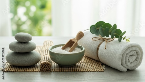 Spa wellness still life stones salt towel and eucalyptus arrangement