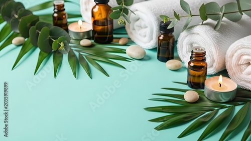 Spa wellness still life with aromatherapy oils candles and rolled towels