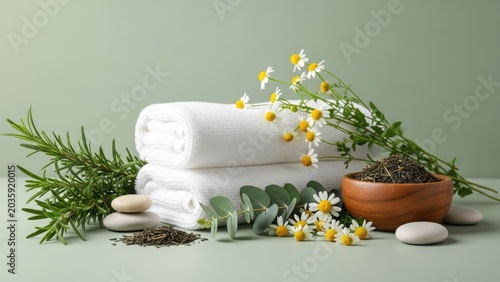Stacked white towels with herbal tea and flowers for spa and wellness
