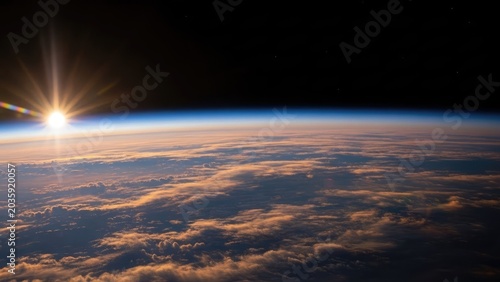 Stunning aerial view of sunrise illuminating earths atmosphere and clouds