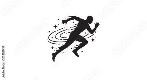 Schilderij op canvas Minimal black athlete silhouette dissolving into orbital motion trails, premium