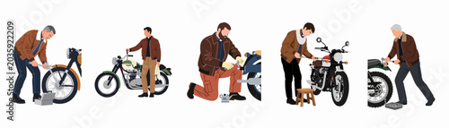 Foto Set of illustrations featuring a priest in a bomber jacket repairing vintage motorcycles, performing maintenance tasks and posing with classic bikes on white background