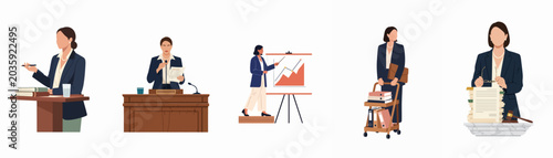 Foto Vector illustration set featuring a professional woman in various legal and corporate settings, including courtroom proceedings, business presentations, and administrative tasks