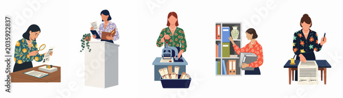 Photos Flat vector illustration of professional women performing various office tasks, including document examination, archiving, stamping, and legal paperwork management