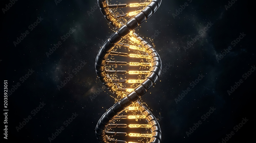 Obraz premium Futuristic metallic dna double helix with glowing golden core