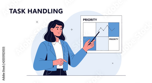 Woman presents task handling strategy, prioritizing work on matrix diagram