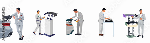Foto Illustration set of a professional man in a suit inspecting and presenting various automotive aerodynamic rear wings and spoilers for car performance tuning