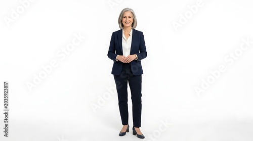 Full body portrait of a smiling middle-aged businesswoman wearing a blue trouser suit and low heels, isolated on a white background