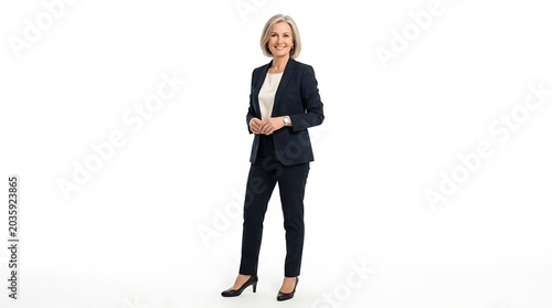 Full body portrait of a smiling middle-aged businesswoman wearing a blue trouser suit and high heels, posing on a white background