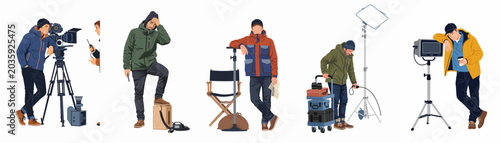Tableau sur toile Flat Vector Illustration of Professional Film Production Crew Members and Cinema