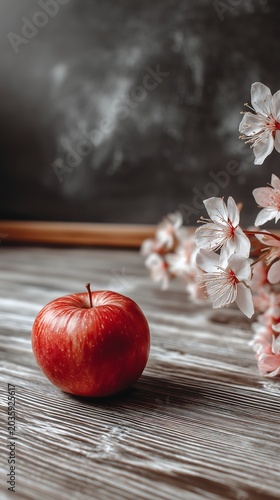 A red apple adorned with flowers sits on a wooden table, with a chalkboard stained with chalk, creating a classic classroom, bringing us back to school.