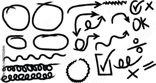 Fotografie Black hand-drawn brush stroke symbols and shapes on white hand drawn circle des