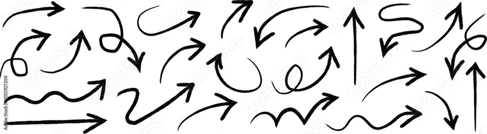 Obraz premium Collection of hand-drawn black arrows and wavy lines on white background, direction pointer sign des