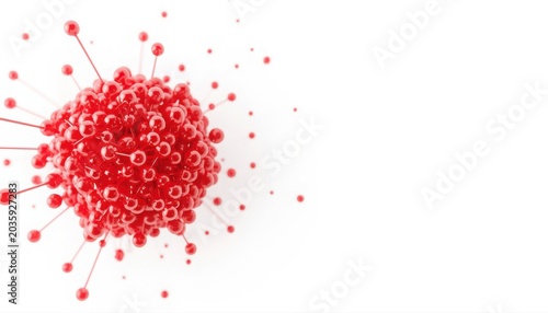 Abstract red sphere formed by connected nodes and dots on a white background with molecular abstract connected structure technology chemistry research innovation connection particle template