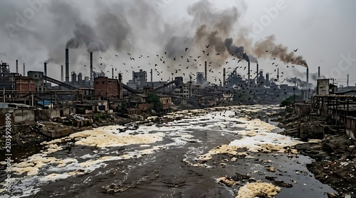 Industrial smoke stack emissions polluting river with foam and birds flying