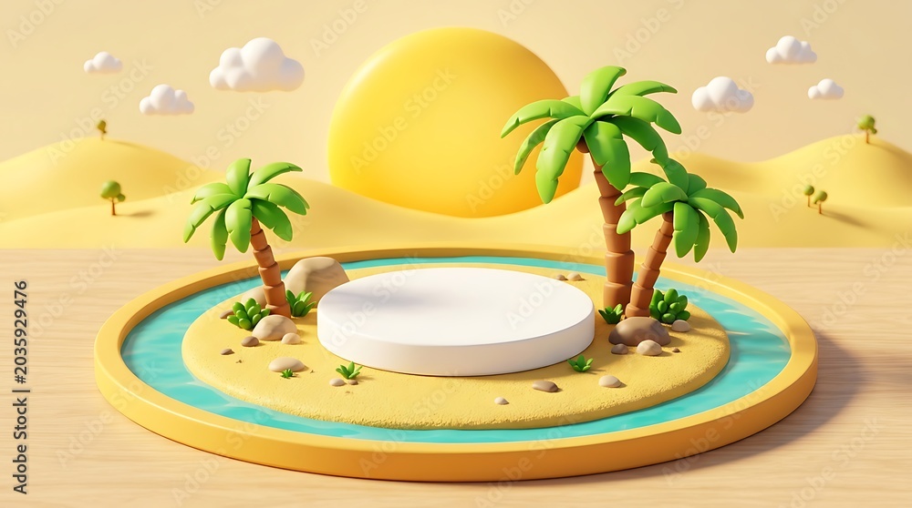 Obraz premium Product display island with palm trees and water 3D rendering