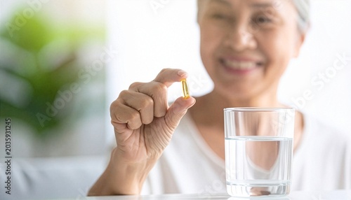 A smiling elderly woman holds a yellow capsule next to a glass of water, promoting health and wellness