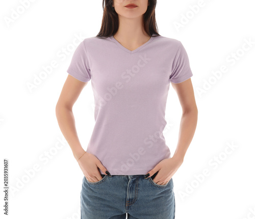 Young woman in stylish lila...
