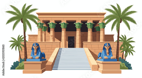 Quadro su tela Ancient Egyptian Temple Vector Illustration with Sphinx and Palm Trees