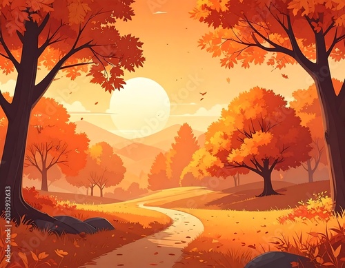 A serene autumn landscape with a winding road and vibrant orange trees