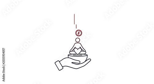 Hand holding meditating person with heart and coin donation.