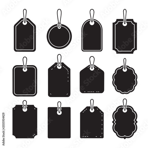 Set of blank price tags and sale labels with strings hangtags shopping marketing promotion