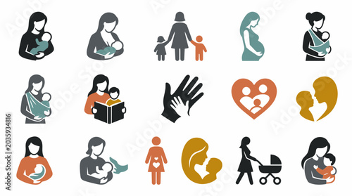 Stylized multi-colored icons representing pregnancy, motherhood, and family care.