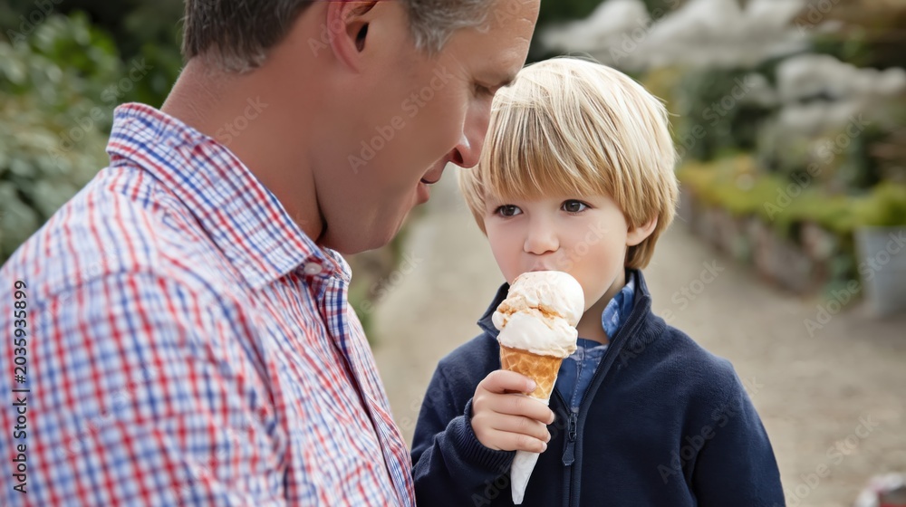 Fototapeta premium Father and Son Enjoying Ice Cream. Happy Family Bonding, Summer Treat, Parenting Joy, Childhood Memory, Outdoor Leisure.