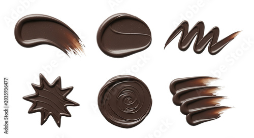 various chocolate strokes in different shapes and forms on a clean white backdrop culinary or cosmetic product promotion