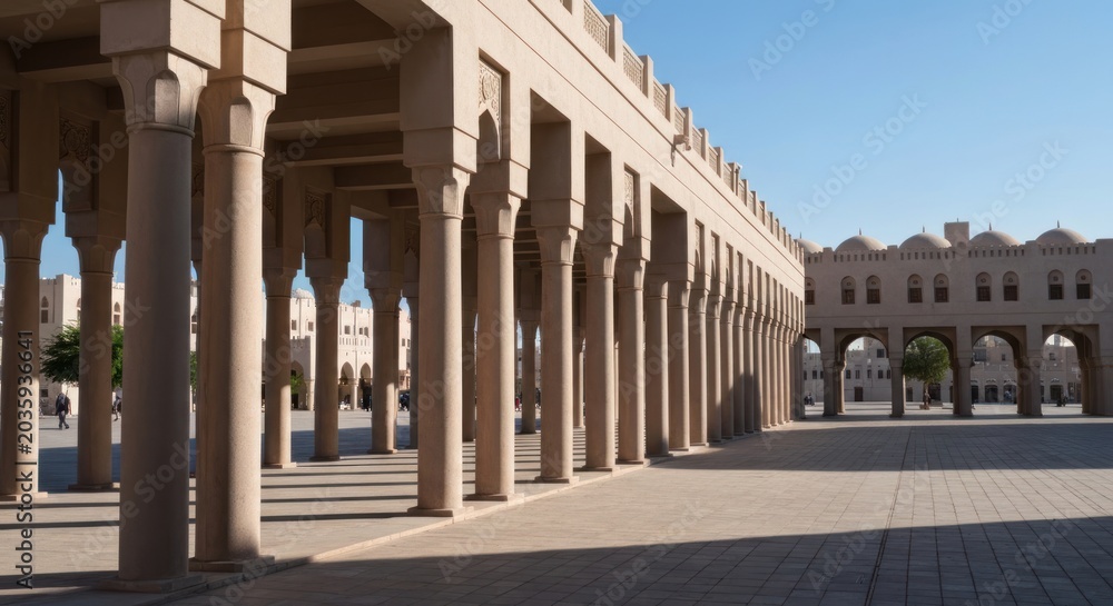 Fototapeta premium Architectural Elegance - A Serene Courtyard with Columned Walkways.