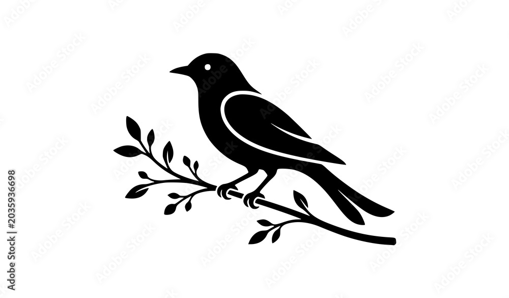 Obraz premium Bird Sitting on Tree Branch Silhouette Vector Illustration