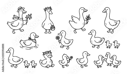 Cute Goose Family Cartoon Outline Character Vector Collection
