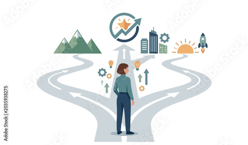 Businesswoman standing at crossroad choosing career path and future strategy direction
